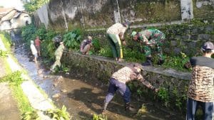 Babinsa Koramil 0818/27 Lawang, Bersihkan Rumput dan Sampah Dialiran Kali