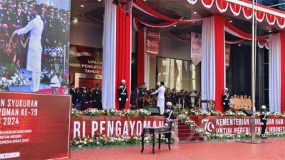 Ft: Menteri Hukum dan HAM Yasonna Laoly menjadi inspektur upacara di kantor Kemenkumham, pada Senin, 19 Agustus 2024. (ist.)