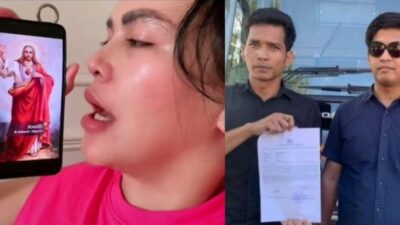 Ft: Selebgram kontroversial, Ratu Entok (kaos merah), akhirnya diringkus polisi di kediamannya di Medan, pada Selasa (8/10/2024). (ist.)