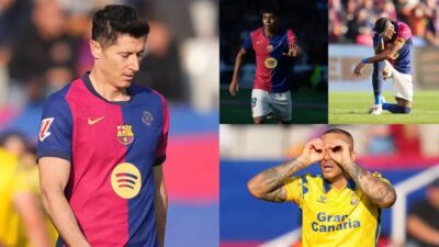 Ft: Pemain Barcelona tertunjuk oleh pemain Las Palmas di Kandang Blaugrana. (ist)